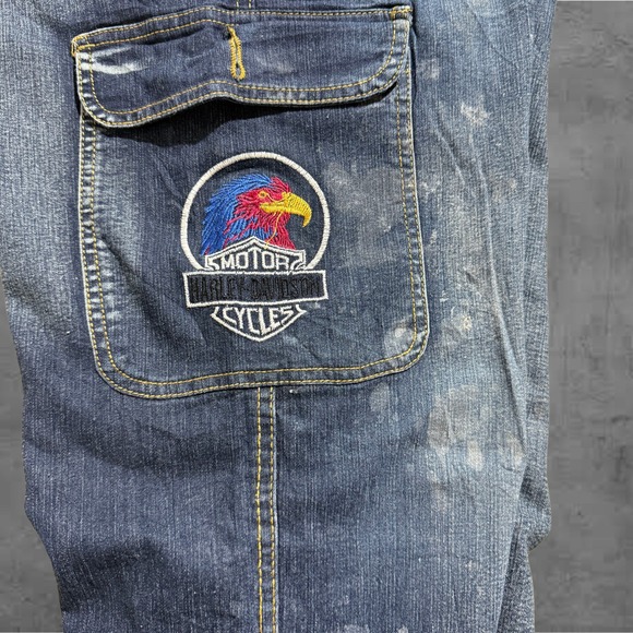 Harley Davidson Baggy Denim Cargo Jeans Embroidered Eagle Patch Y2k Style 33x - Picture 4 of 8